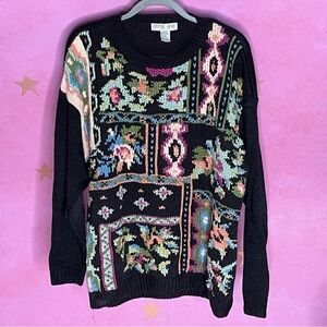 Crystal-Kobe Vintage 80s Multicolor Floral Sweater Large Cotton Blend Grandma